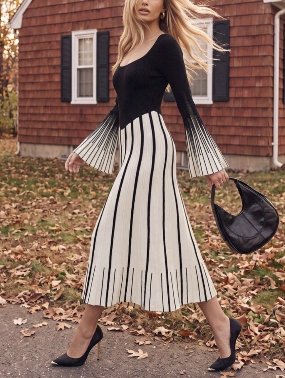 Women's Knit Bell Sleeve Colorblock Elegant Woolen Round Neck Dress